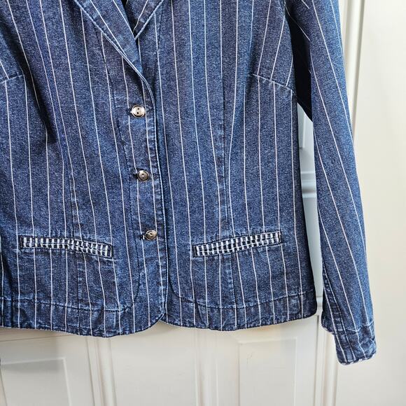 Chicos Denim Blazer Jacket Size 0 Small white Pin Striped Career Wear Business - Picture 5 of 7